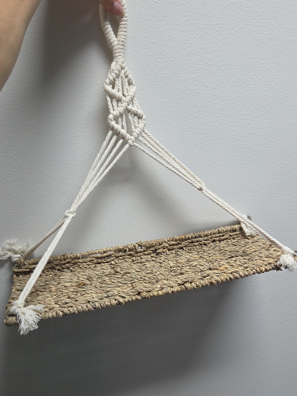 Natural Woven Hanging Shelf with Cream Macramé Rope